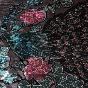 Black velvet peacock scarf with fringe